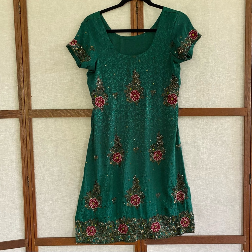 Vintage Handmade Silky Kurdi Tunic/Dress Emerald with Beading and Embroidered